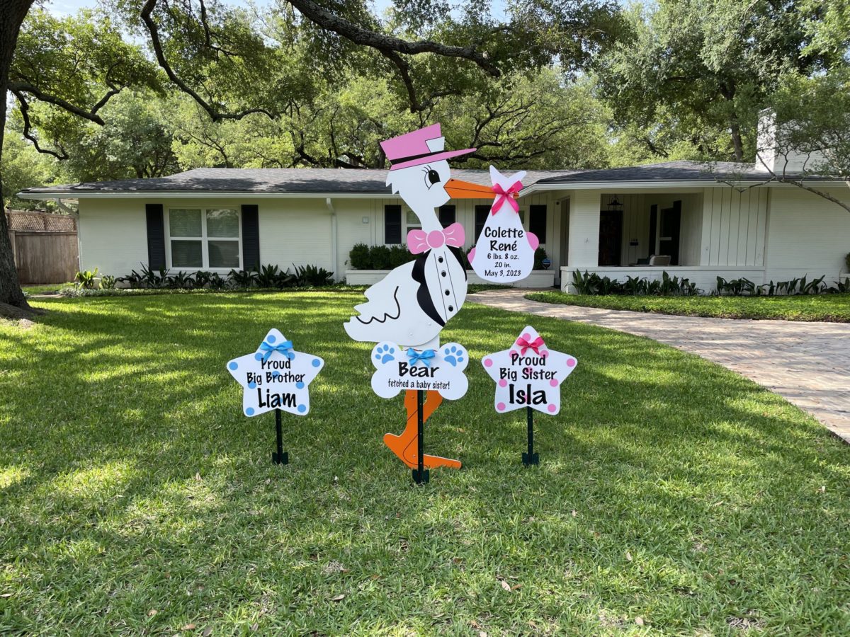 Pink Stork Sign With Sibling Stars and Dog Bone Sign, Birth Announcement Yard Stork Sign in Golden Isles - St Simons, Jekyll, Sea Island, Darien & Brunswick